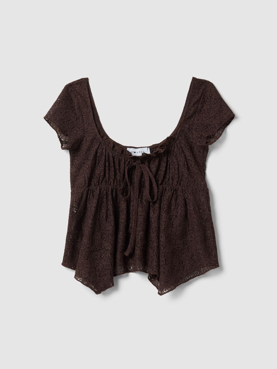 T-shirt in pizzo marrone regular fit con fiocco_4