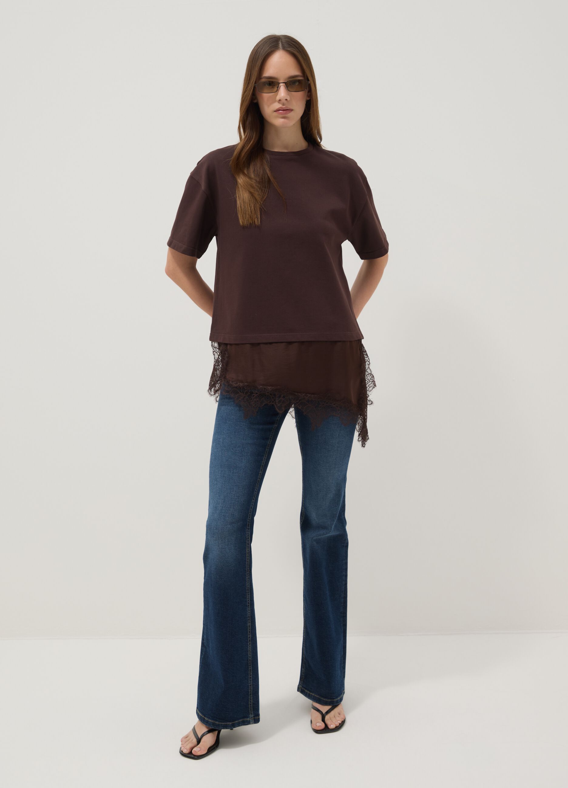 Brown pure cotton T-shirt with lace insert, relaxed fit