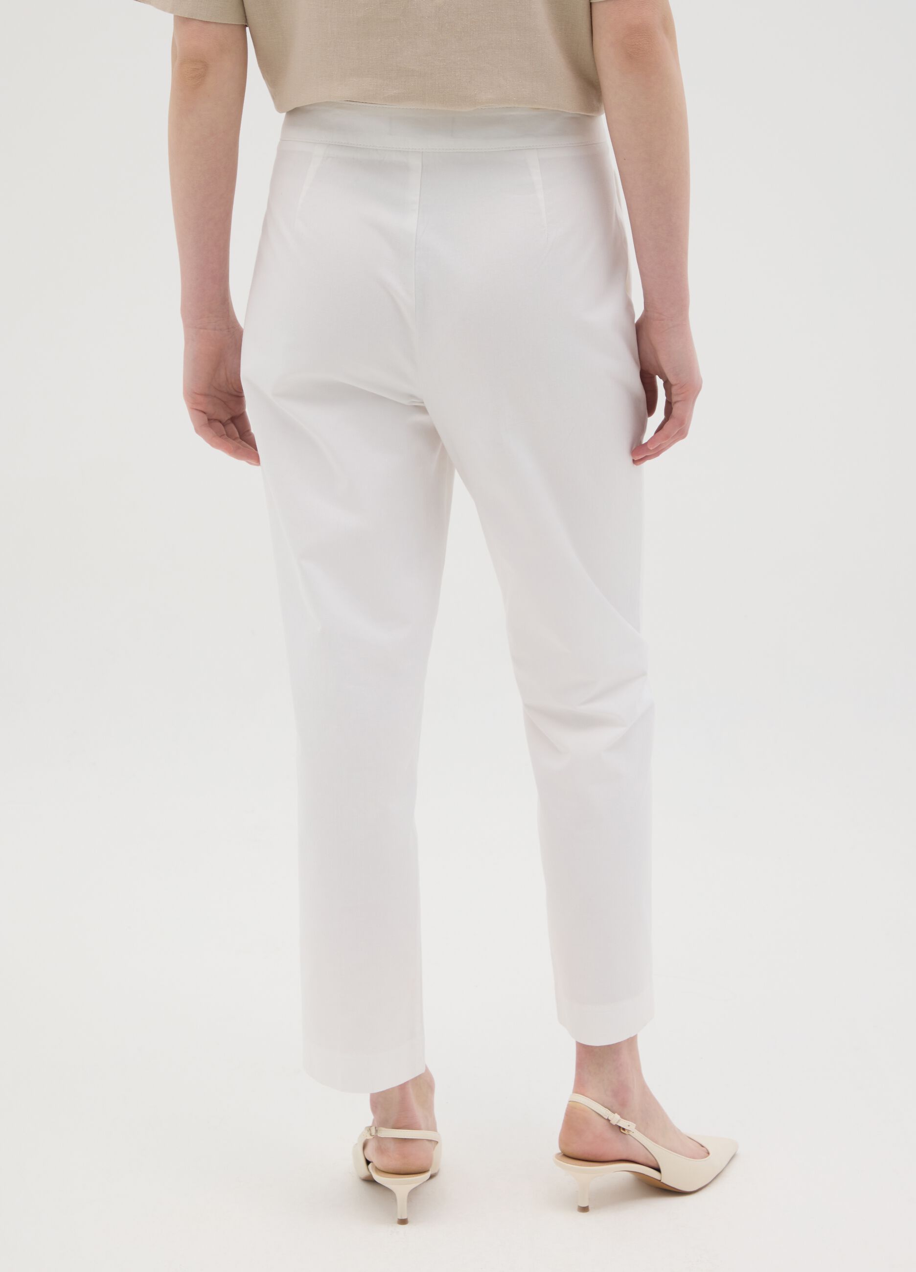 Women's pure white cotton trousers, regular fit with high waist