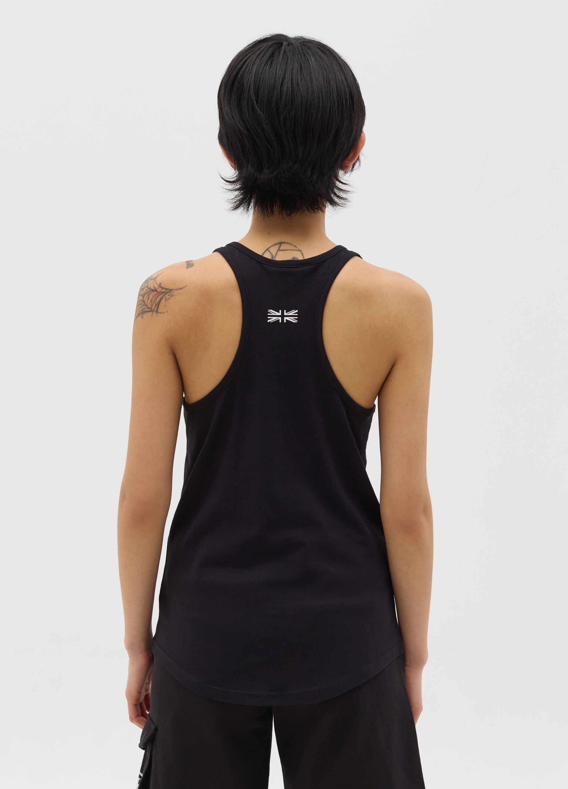 Black tank top in cotton with sequinned logo