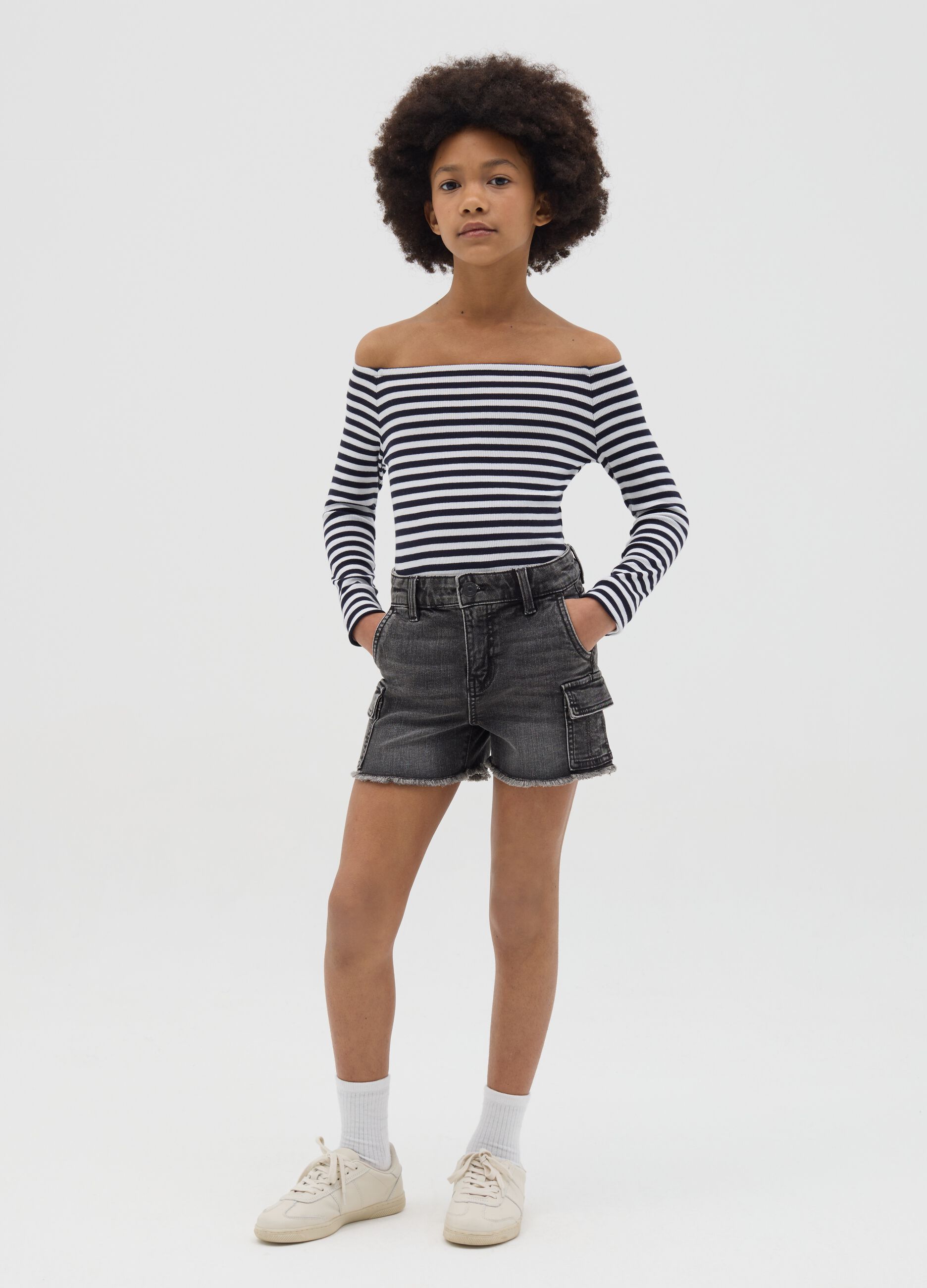 Black cargo shorts with fringed hem