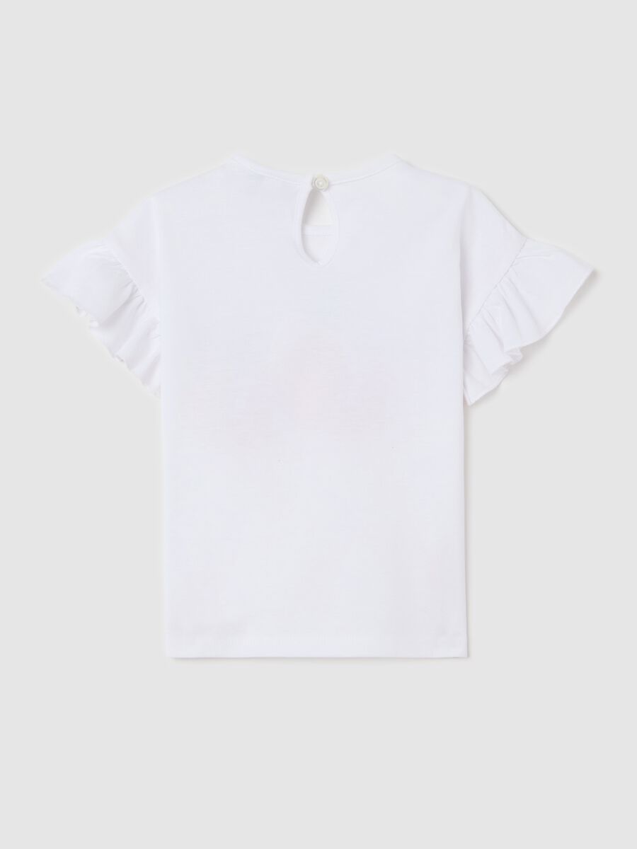 White cotton T-shirt with frills and print_1
