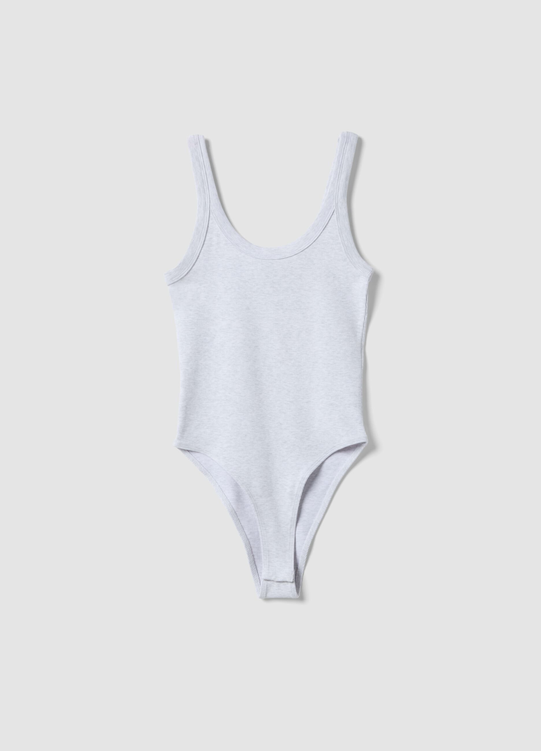 Grey ribbed stretch cotton bodysuit with wide neckline