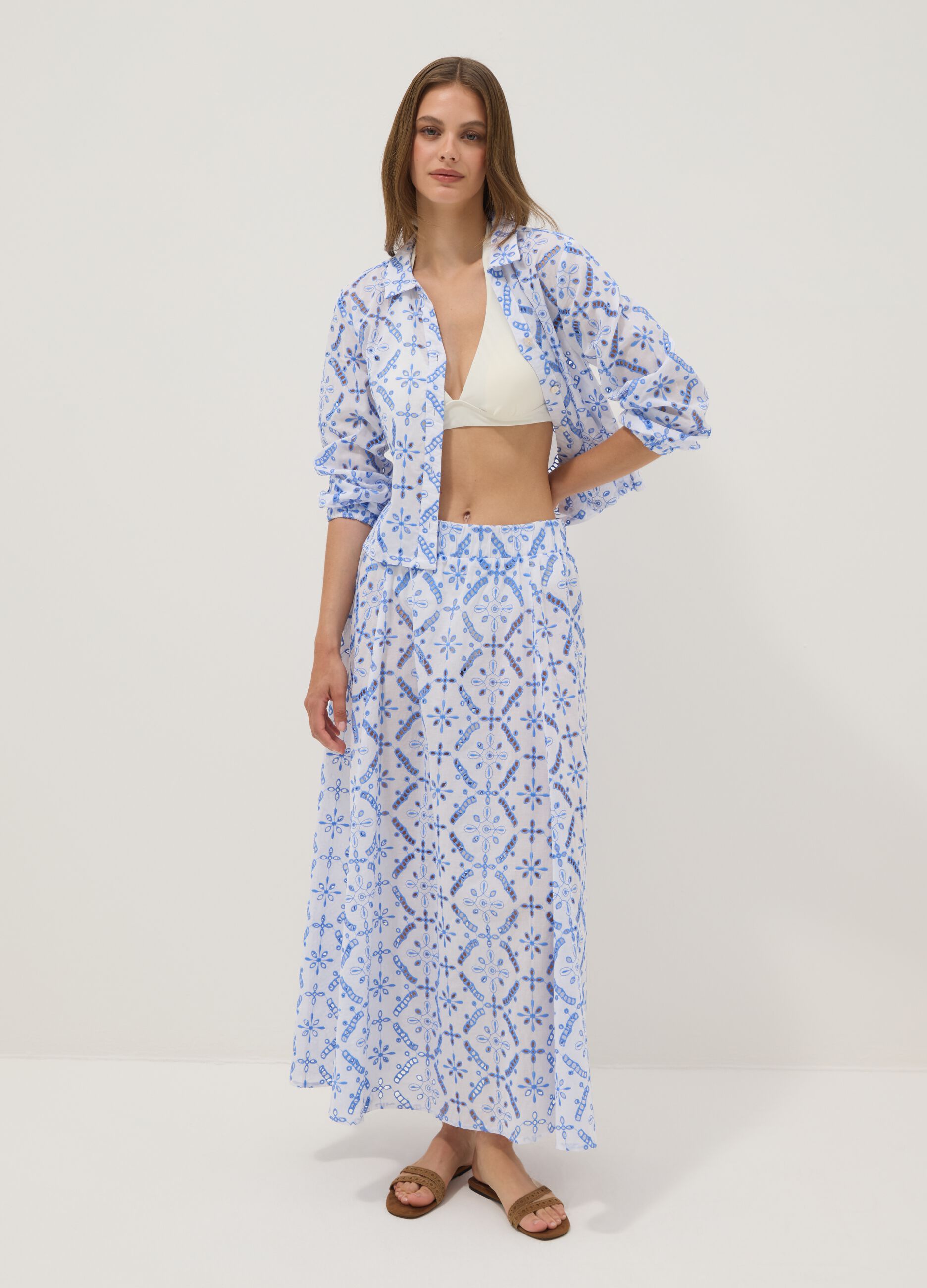 Blue organic cotton skirt with broderie anglaise embroidery