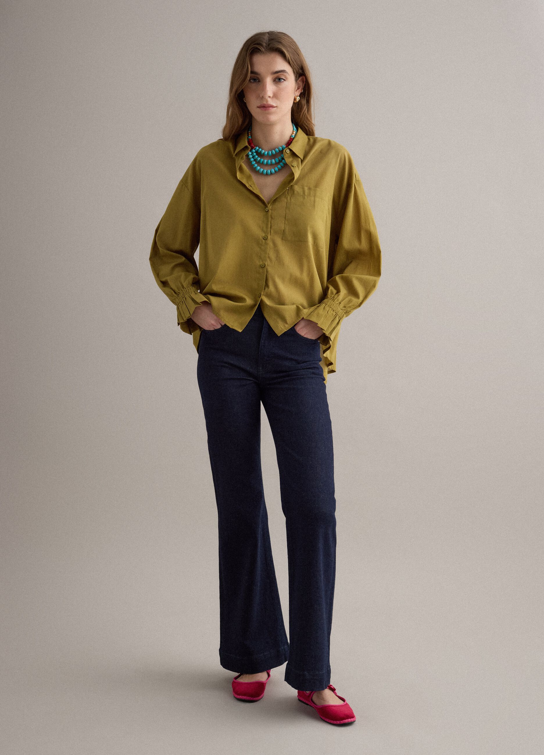 Green short-sleeved pure cotton shirt