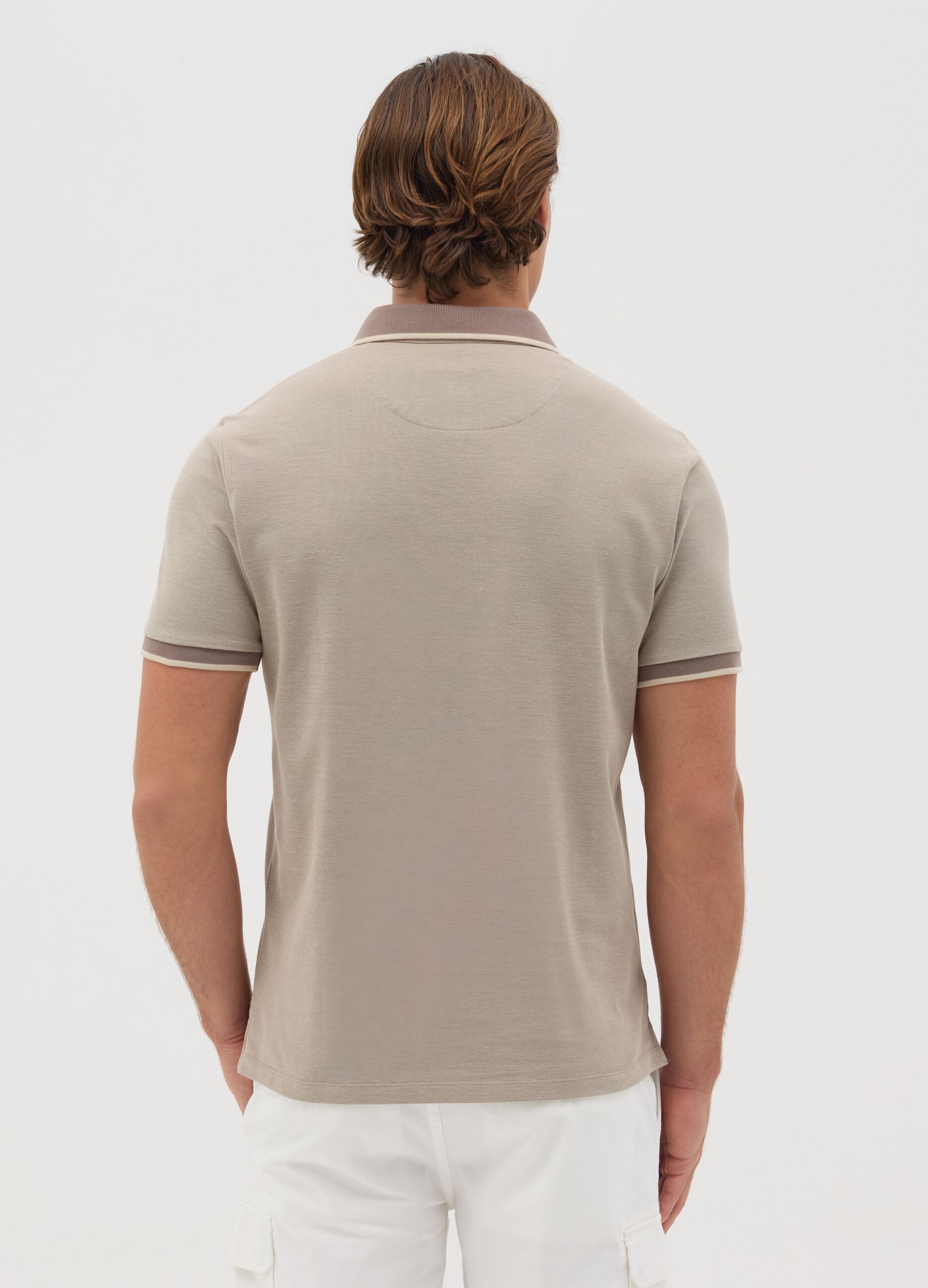 Beige polo shirt with short sleeves in cotton piquet