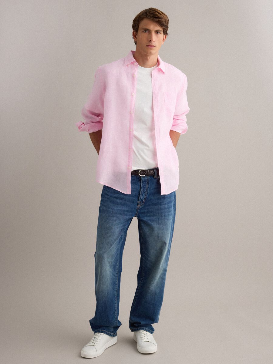 Camicia rosa in puro lino con collo button down regular fit_1