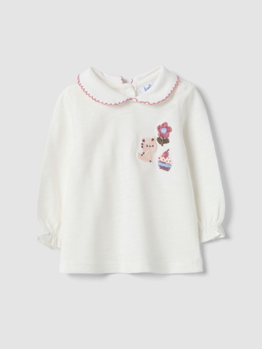 Maglia bianca in puro cotone organico jersey con ricamo regular fit_0