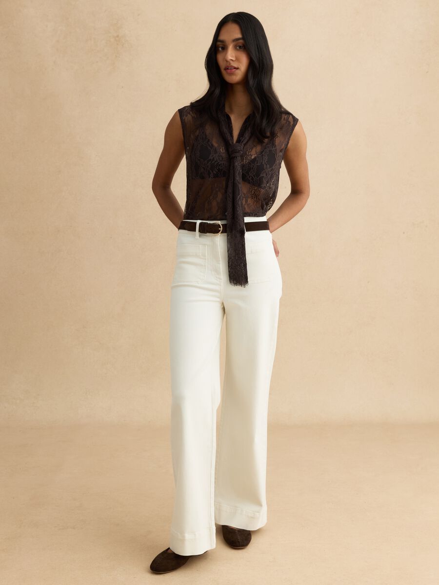 White stretch cotton regular fit trousers_0