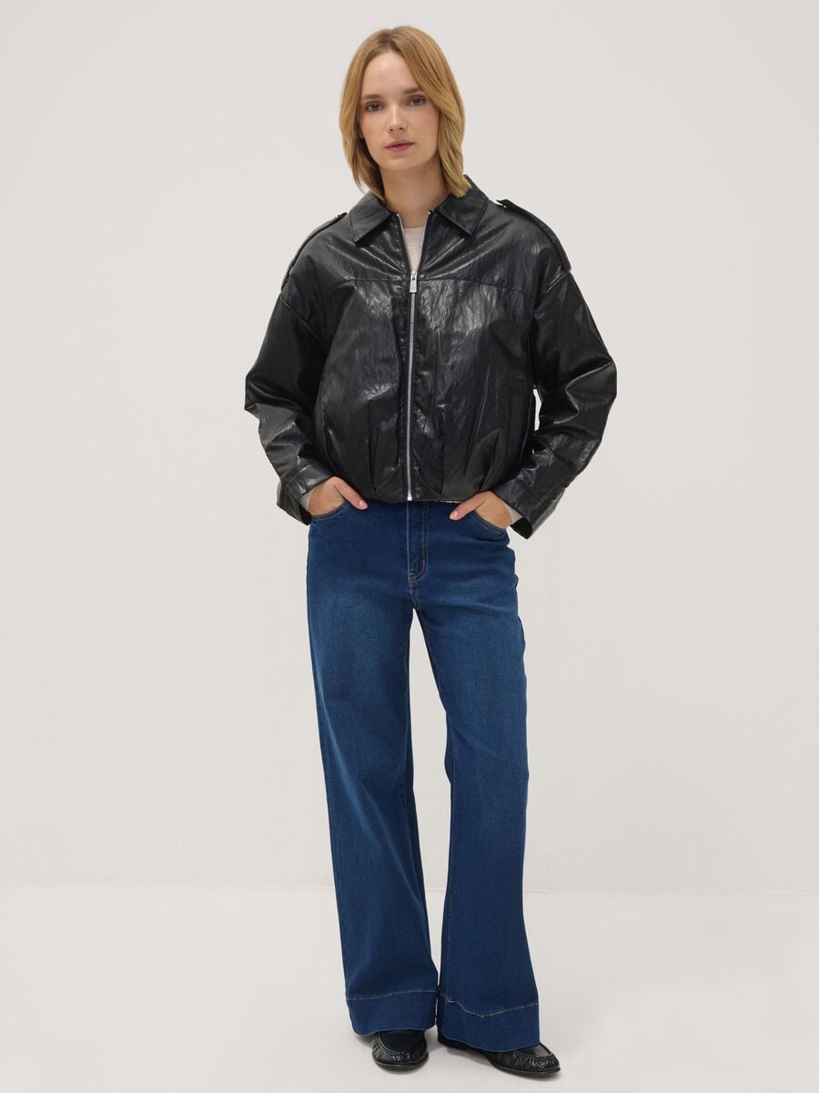 Giacca nera in misto cotone con zip regular fit_2