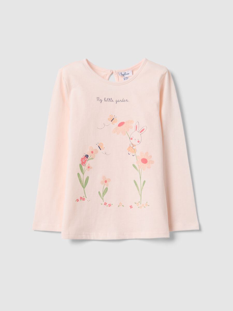 T-shirt a maniche lunghe in puro cotone rosa da bimba con stampe_0
