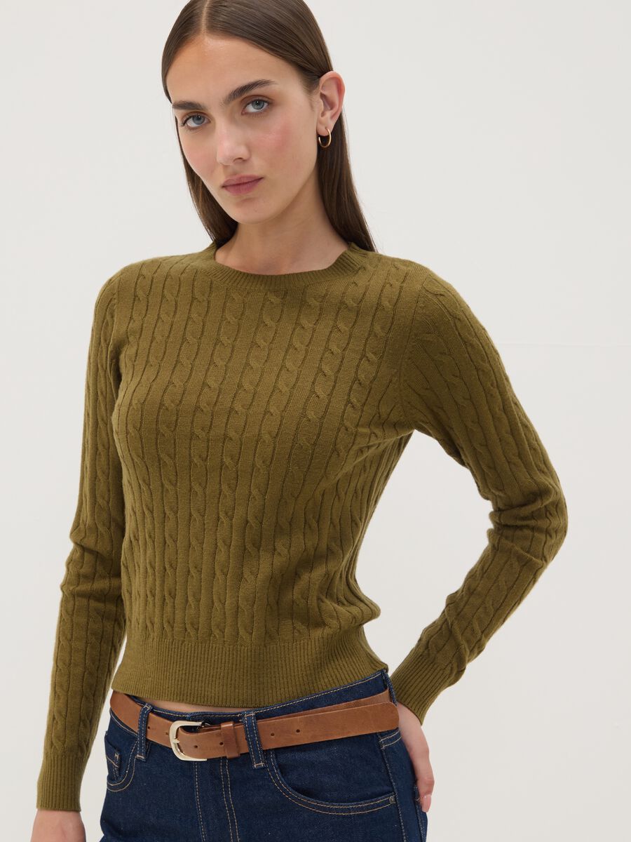 Maglia girocollo verde a trecce regular fit_0