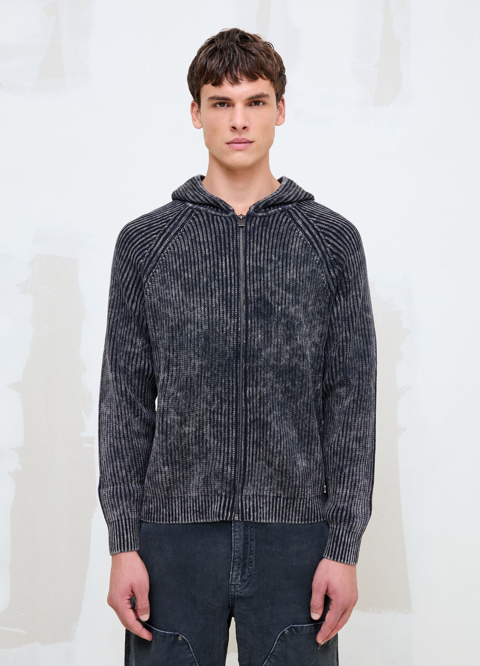 Vintage Grey Ribbed Knit Hoodie