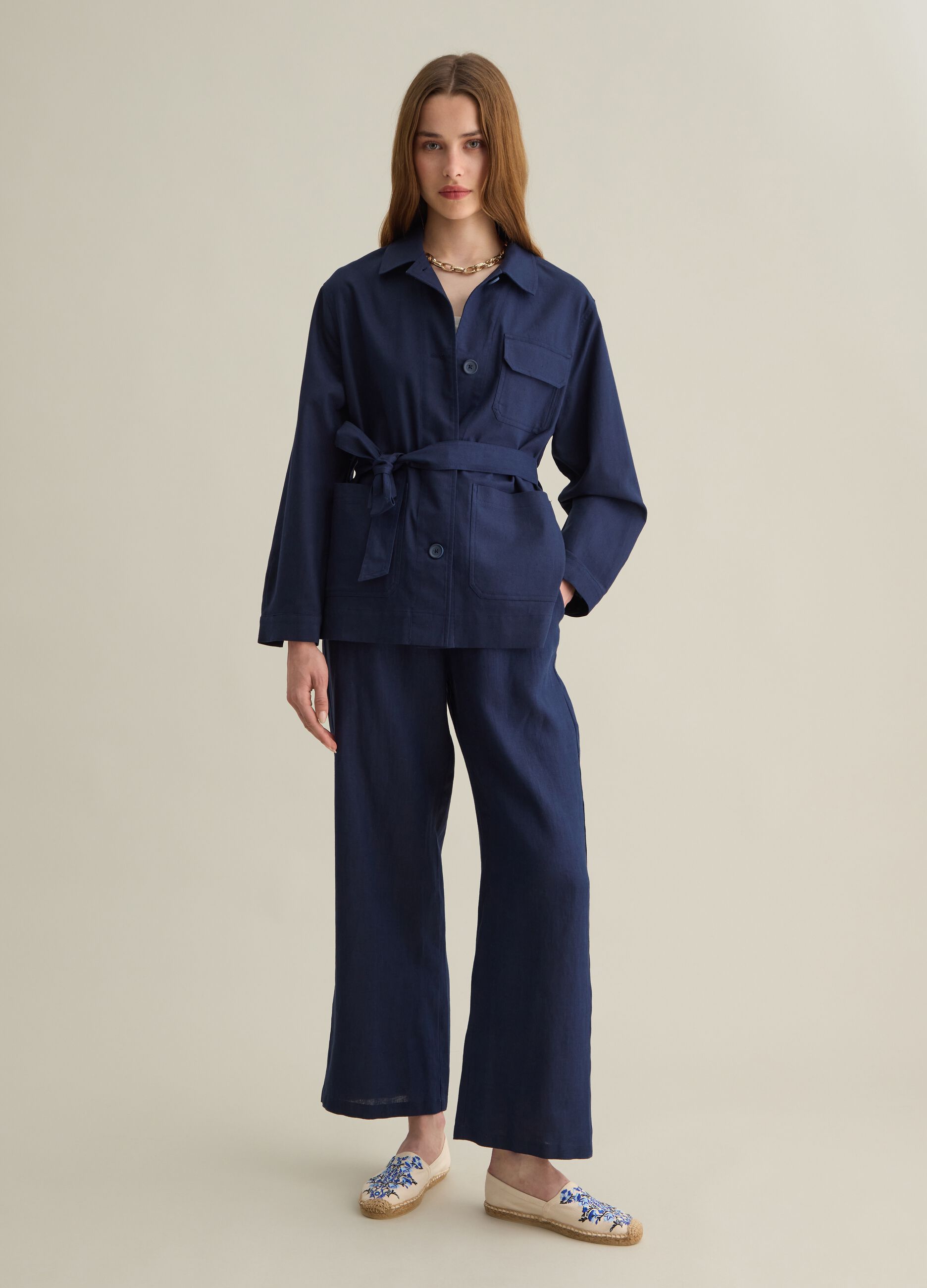 Giacca da donna in cotone e lino blu regular fit