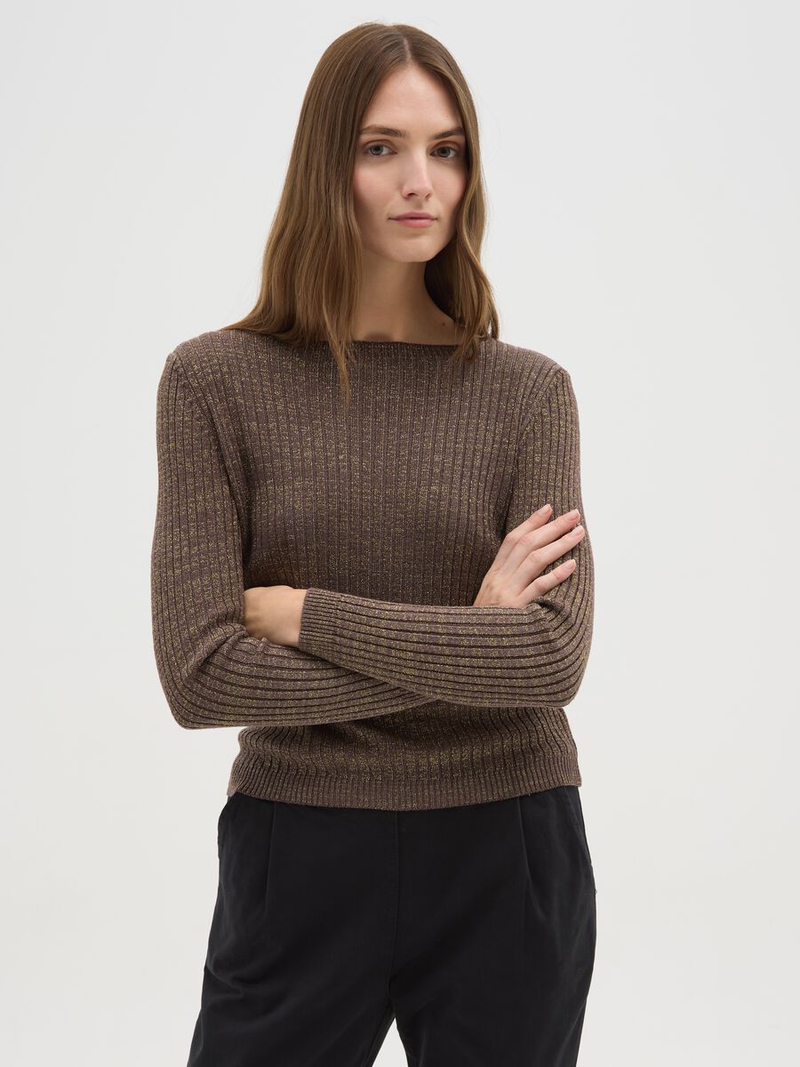 Brown Ribbed Jumper with Metallic Fibres_0