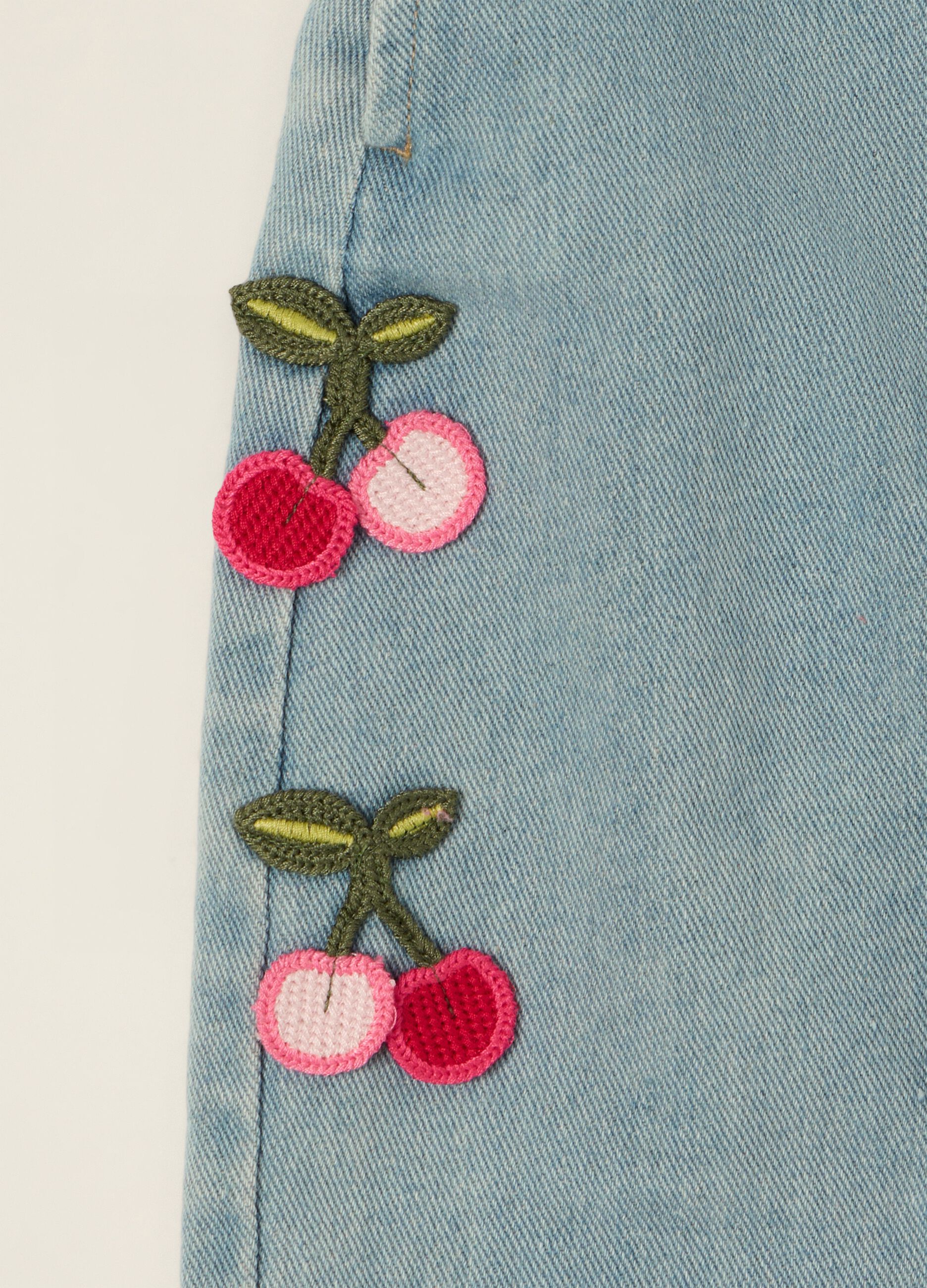 Baby Girls&rsquo; Denim Dungarees with Cherry Embroidery in Viscose Blend