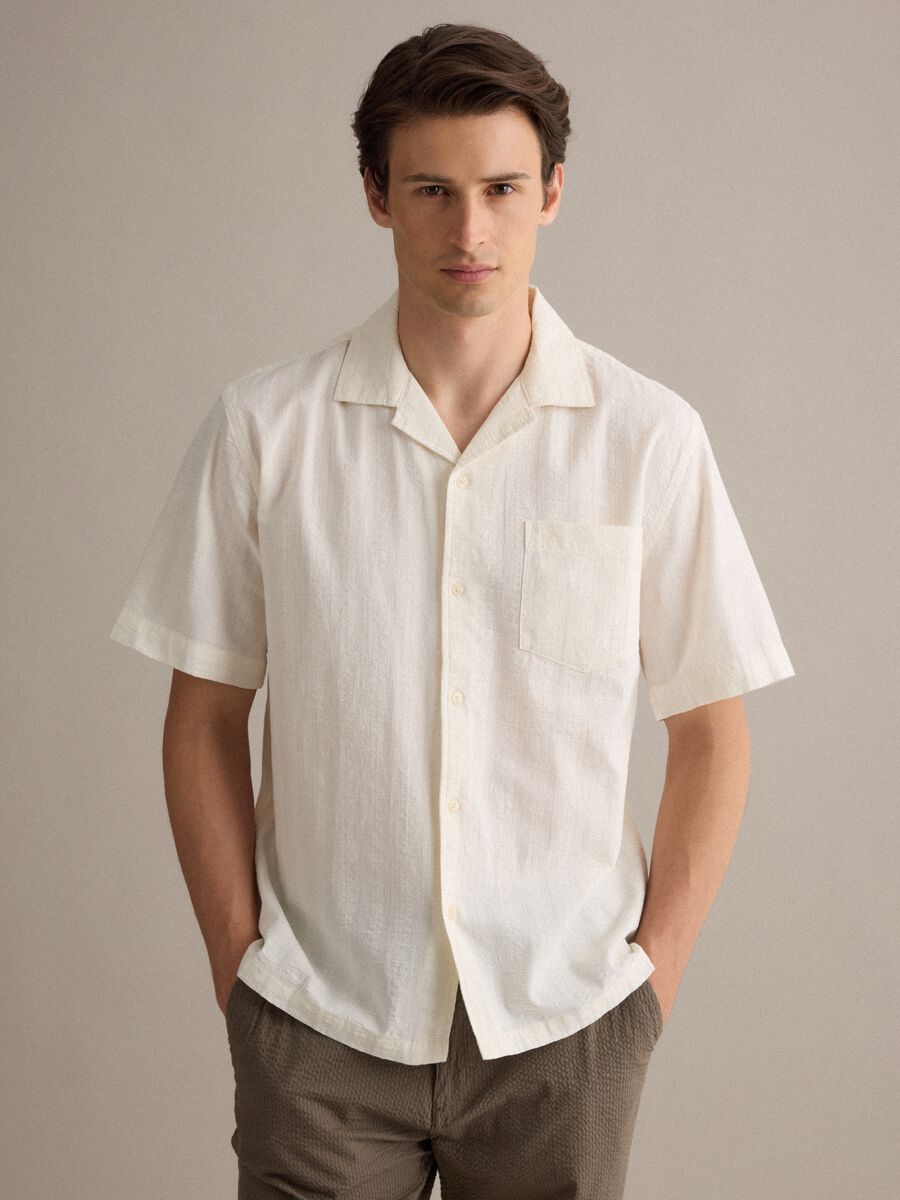 White pure organic cotton bowling-collar shirt, regular fit_0