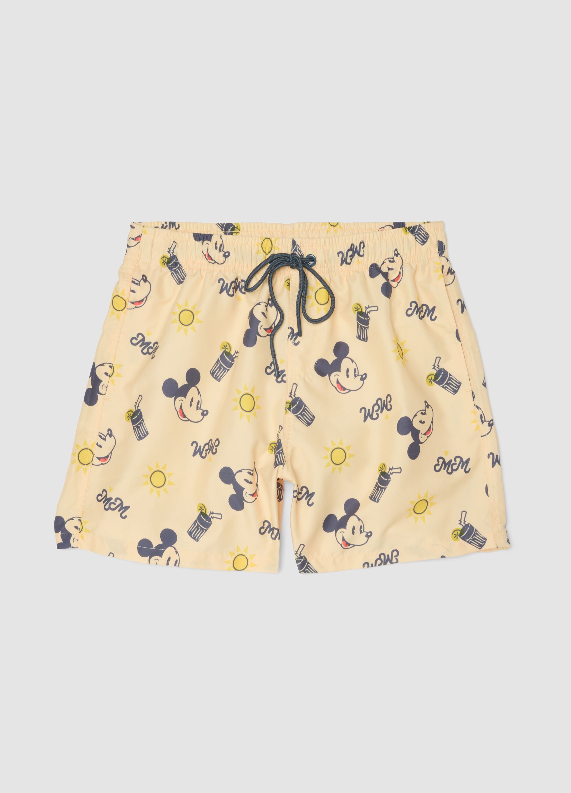 Orange swim trunks with Mickey Mouse prints