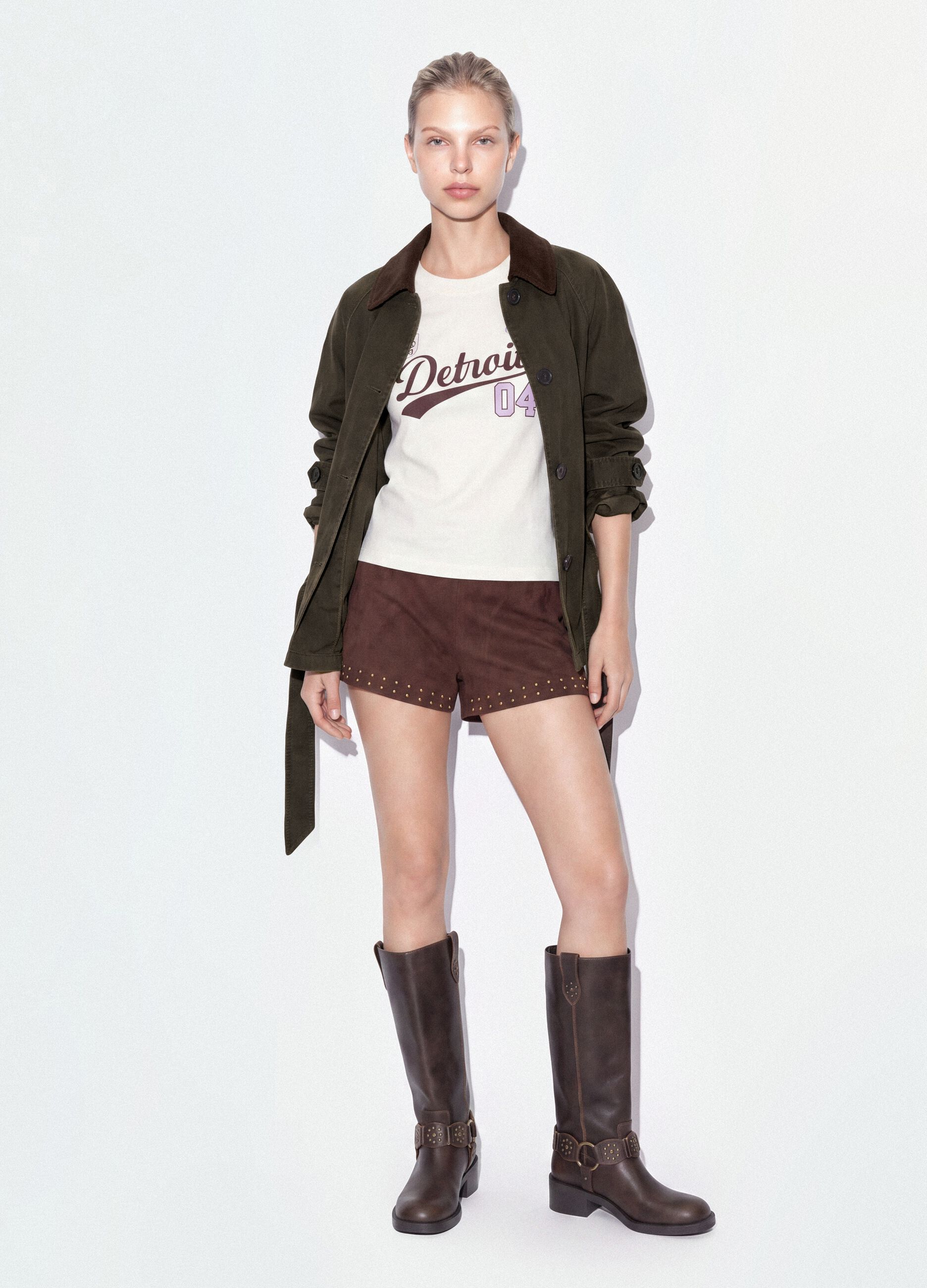 Green cotton-blend trench coat with contrasting collar, regular fit