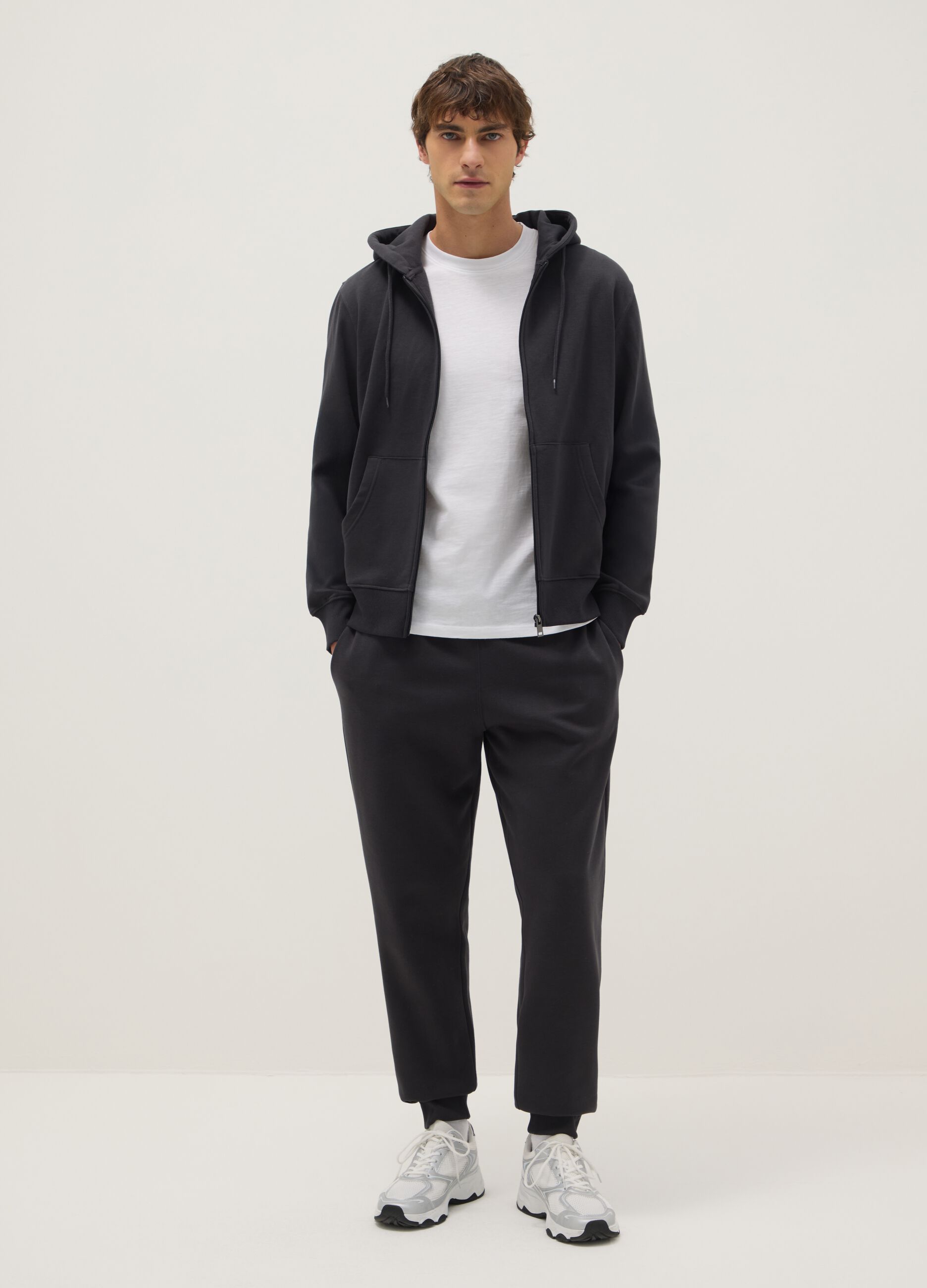 Black regular fit cotton-blend hoodie with zip