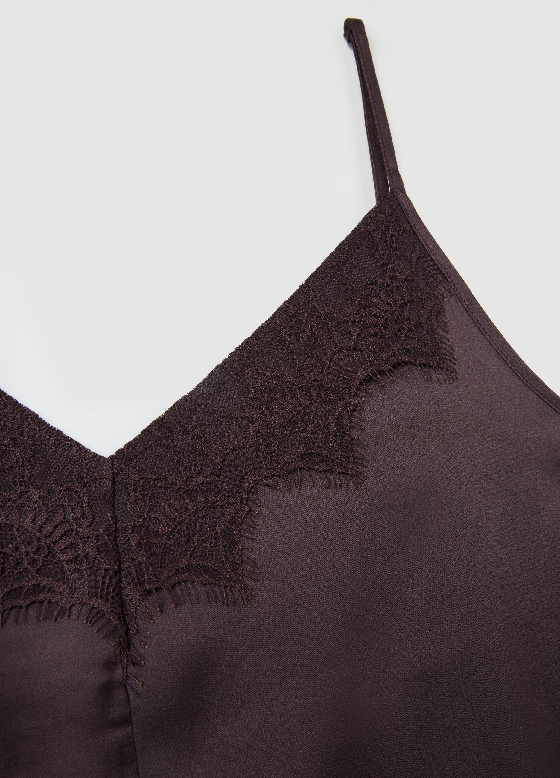Women's brown satin blend slim fit top with lace