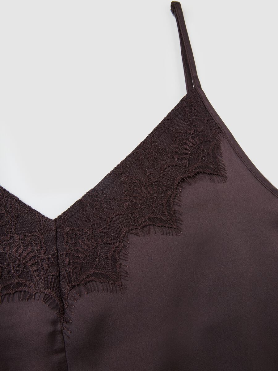 Women's brown satin blend slim fit top with lace_5