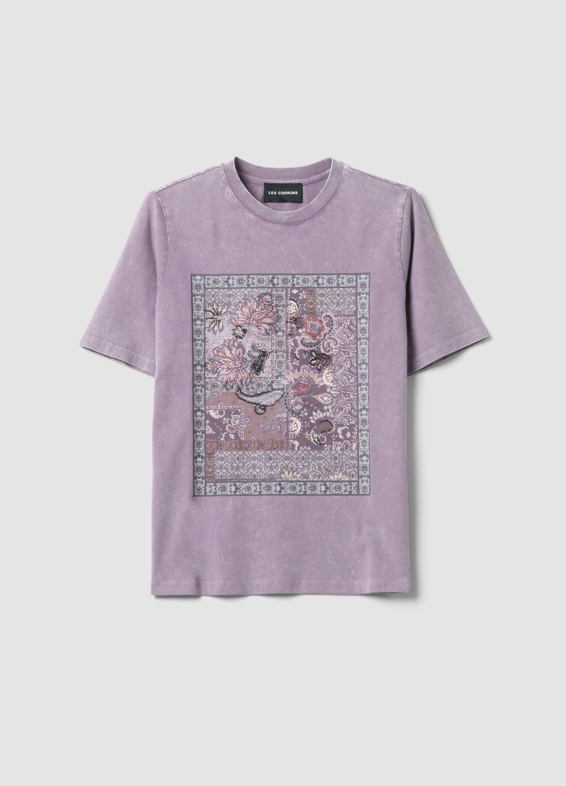 Purple pure cotton T-shirt with floral print, relaxed fit