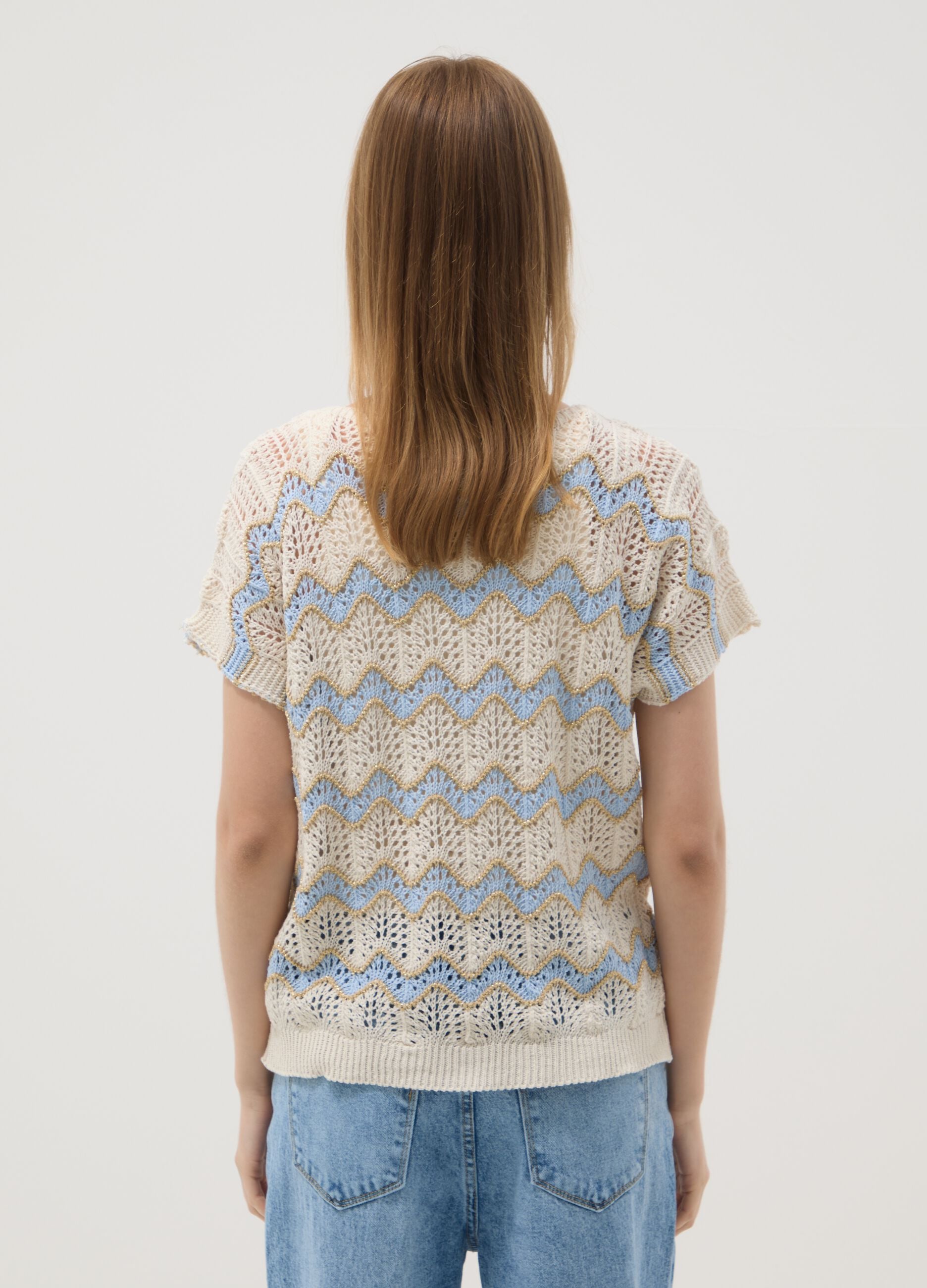 Beige stretch cotton T-shirt with openwork detailing
