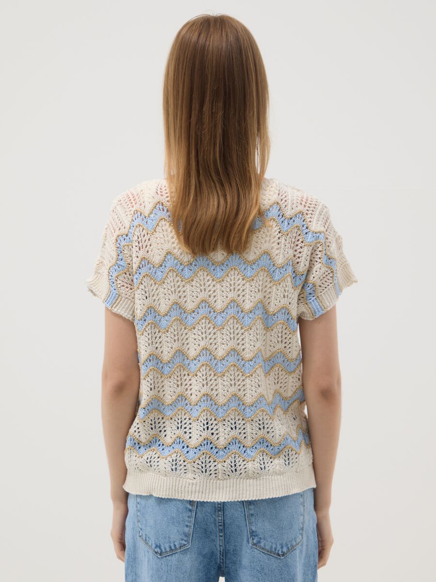 Beige stretch cotton T-shirt with openwork detailing_3