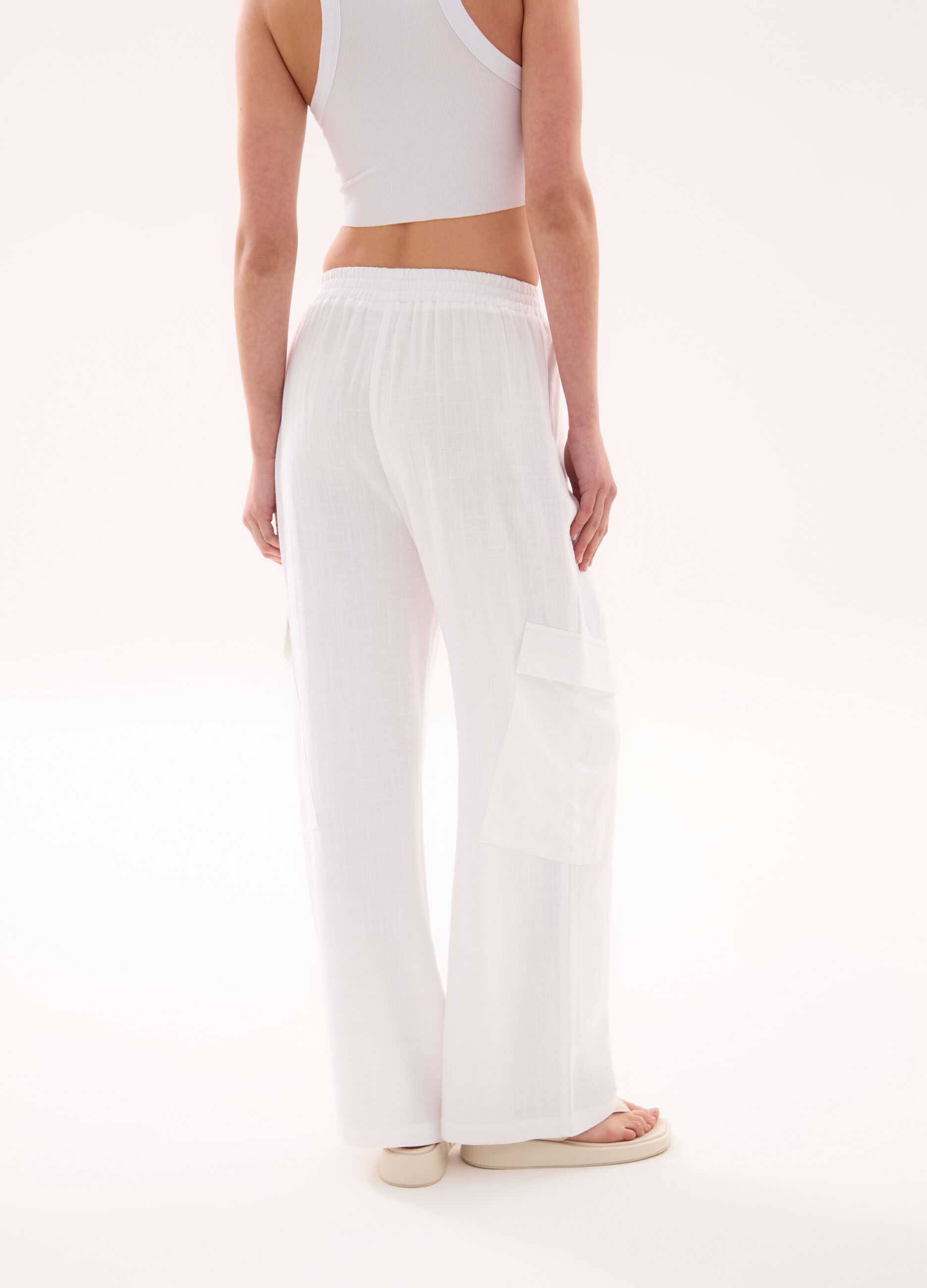 Linen Wide Leg Cargo White