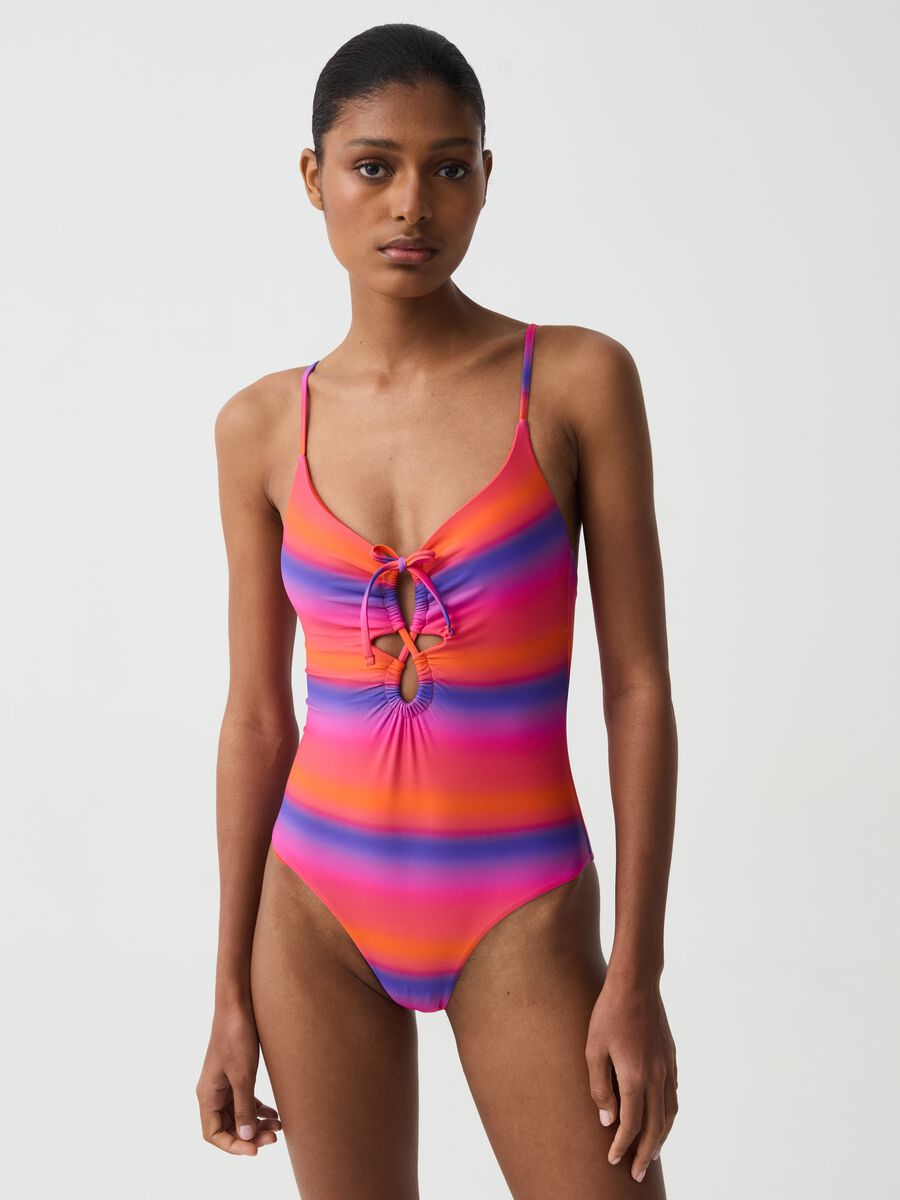 One-piece swimsuit with faded stripe pattern_1