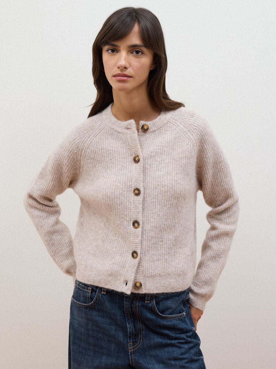 Beige crew-neck cardigan in stretchy wool and alpaca, regular fit_0