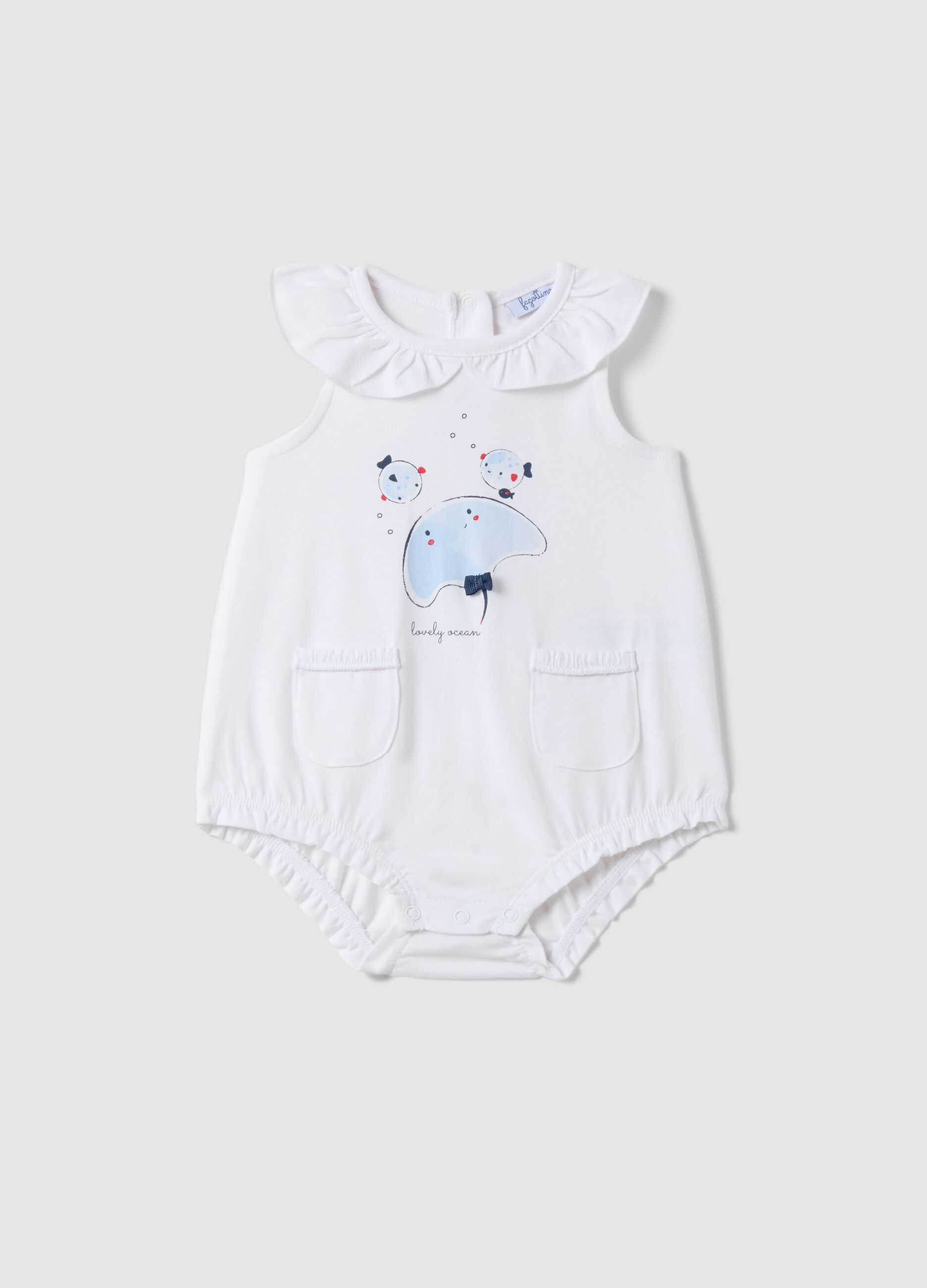 Sleeveless white pure cotton baby romper with fish