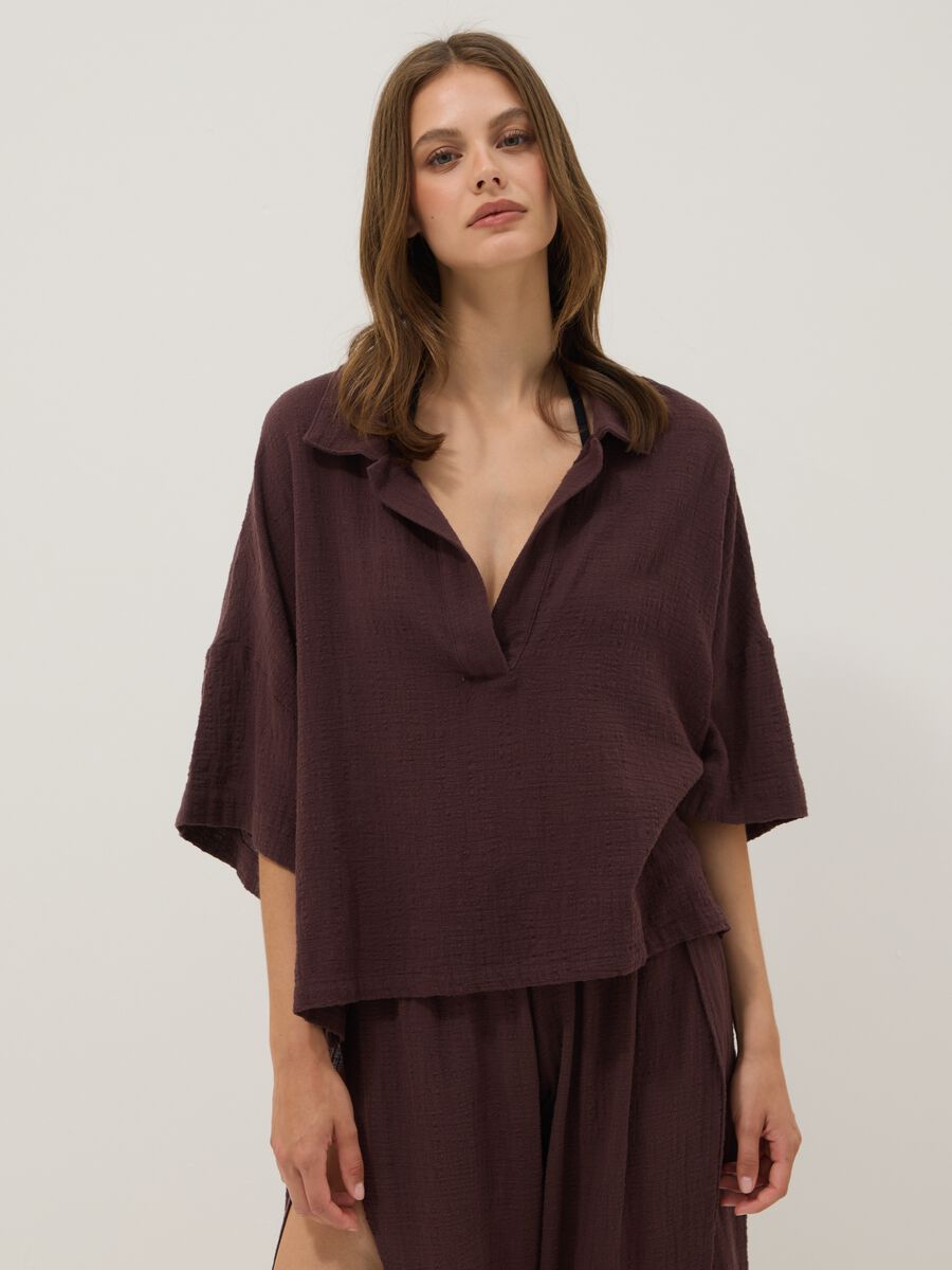 Short brown pure cotton kaftan with V-neck_1