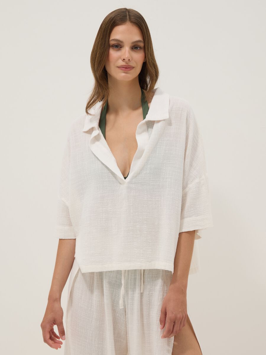 Short white pure cotton kaftan with V-neck_1