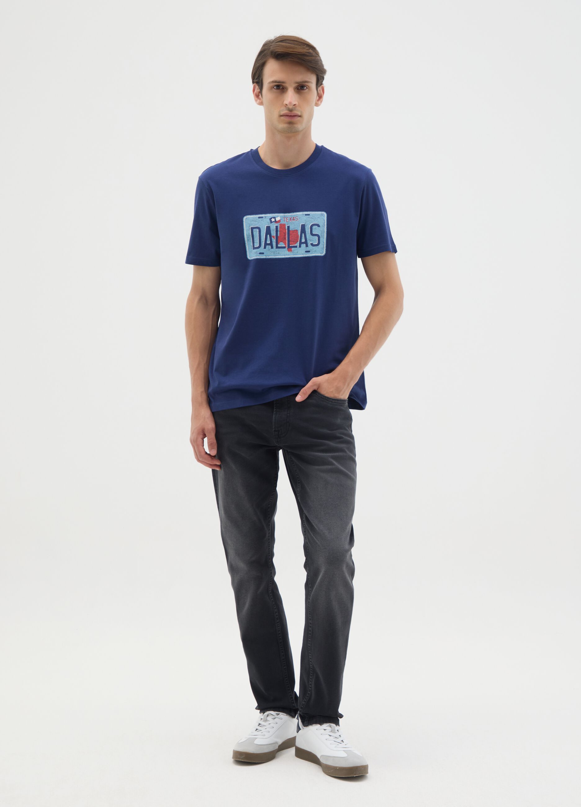 Regular fit blue pure cotton T-shirt