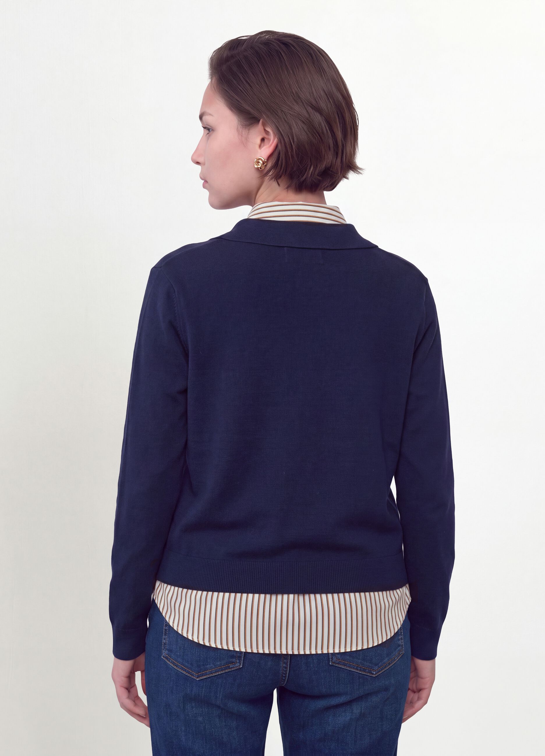 Blue viscose-blend polo-collar jumper with relaxed fit