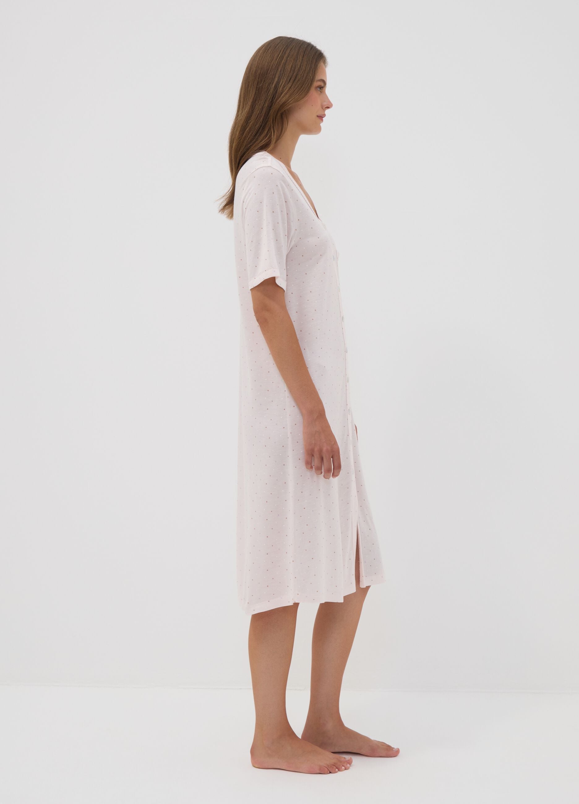 Pink polka-dot pure viscose nightshirt with V-neck