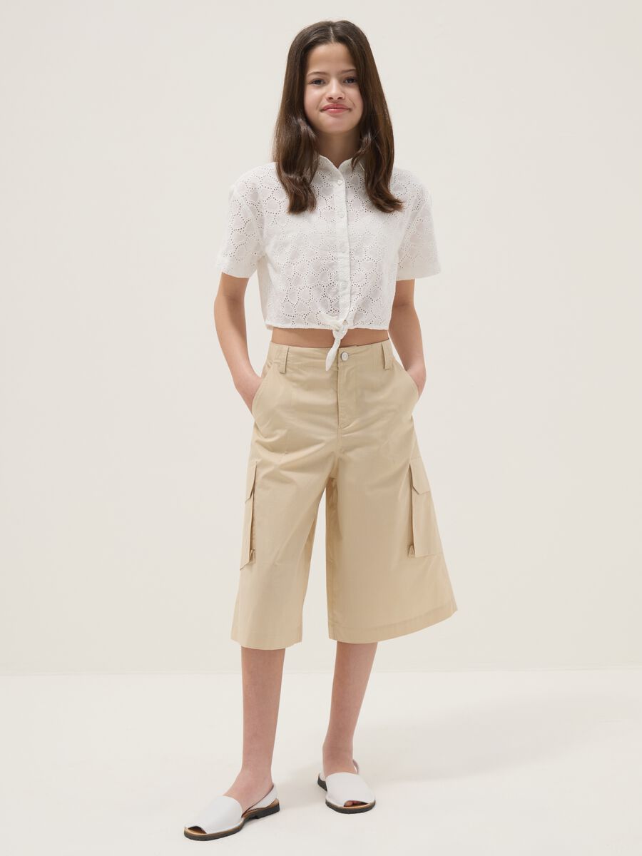 Pantaloni cargo in puro cotone beige da ragazza relaxed fit_0