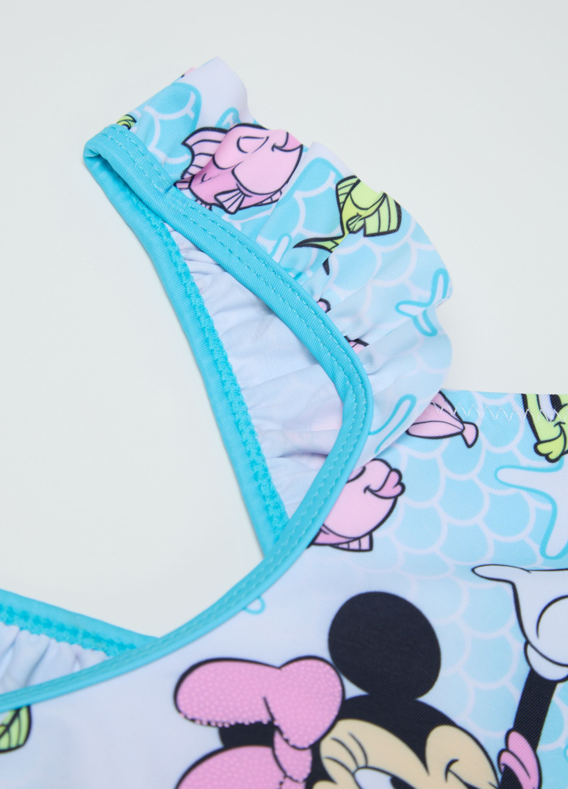 Girls’ bikini in multicoloured stretch fabric with Minnie Mouse print and underwater design