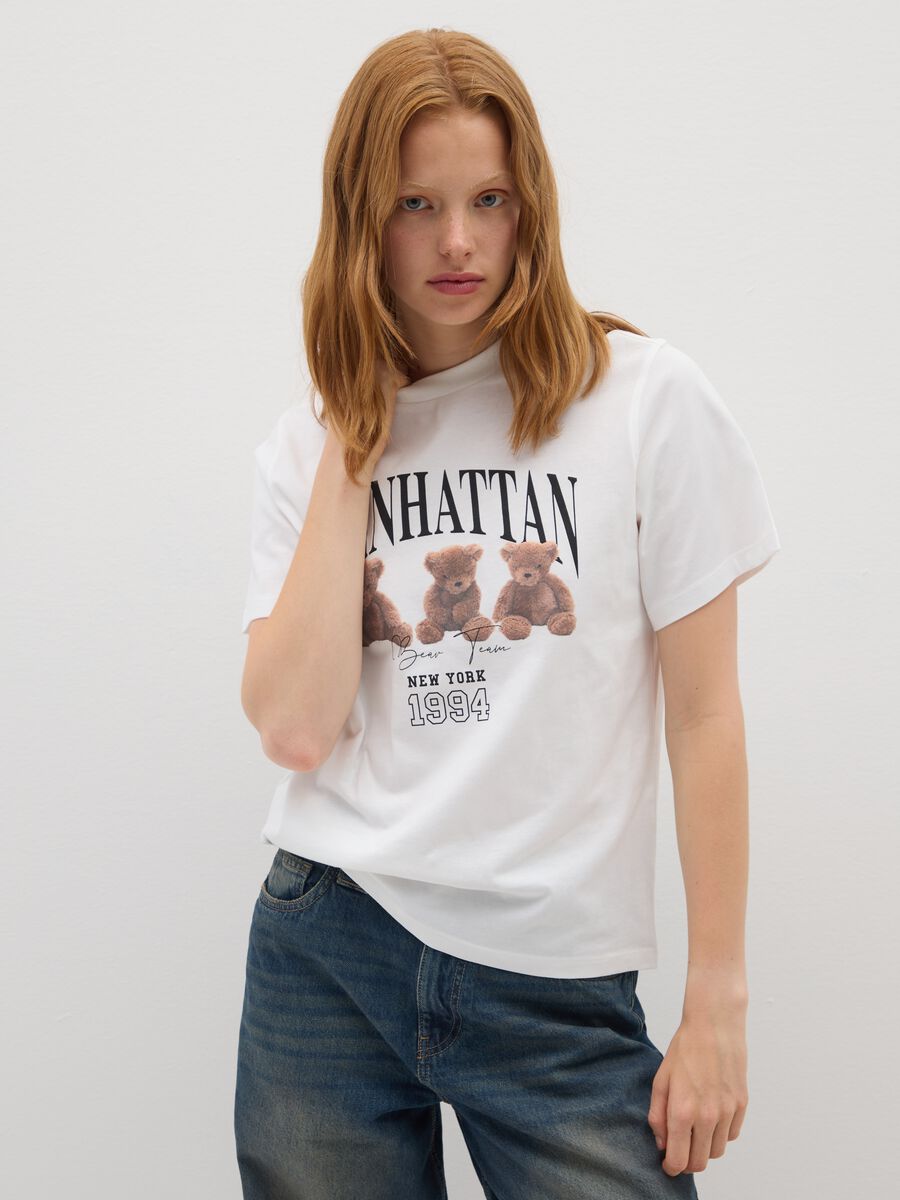Relaxed Fit White Pure Cotton T-Shirt with Emblem_0