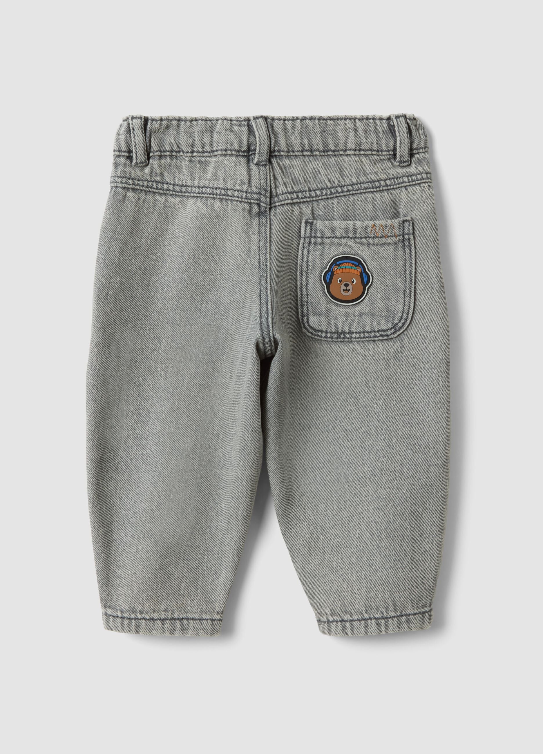 Grey baggy-fit pure cotton jeans with prints for baby boy