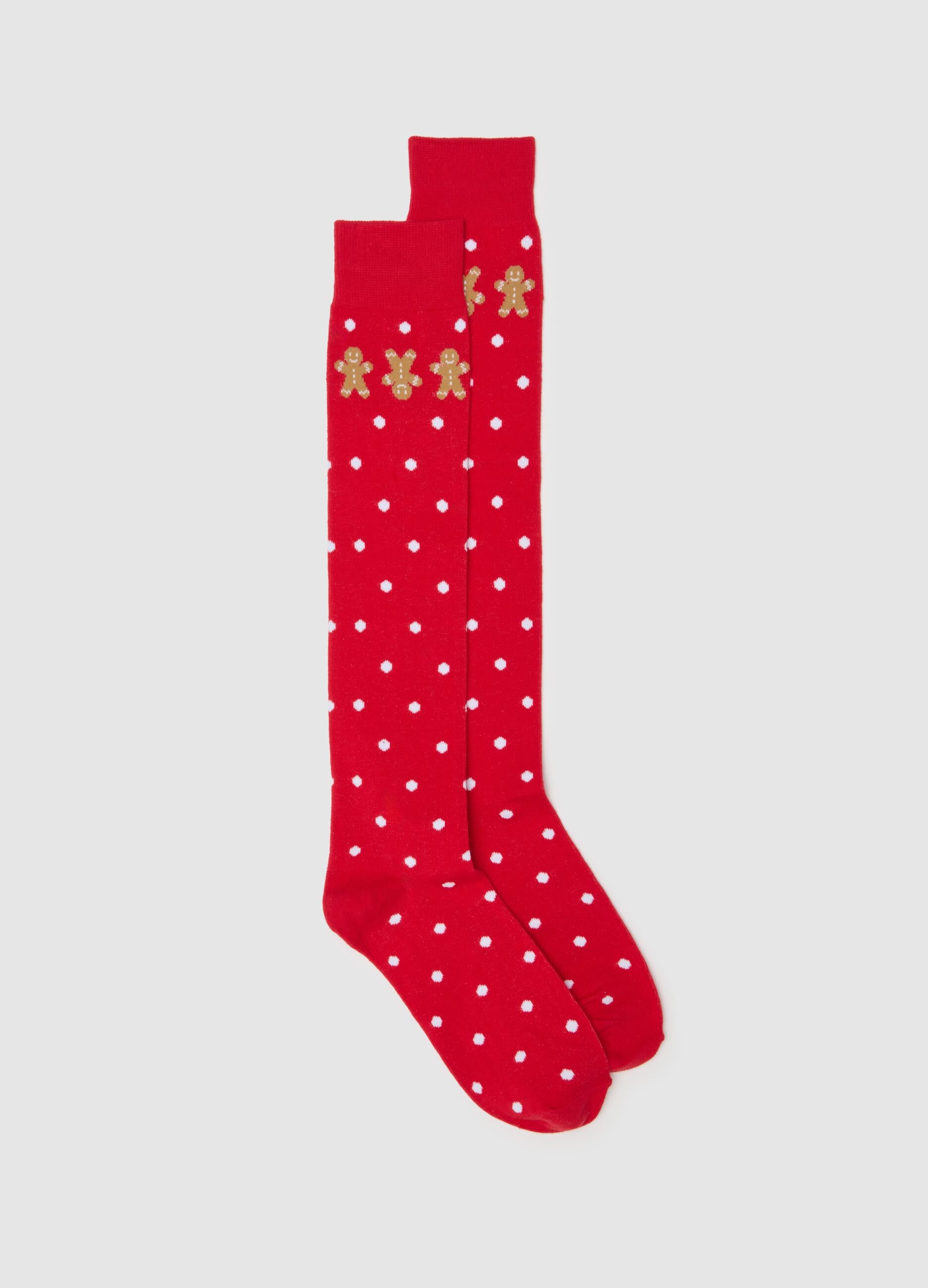 Red polka dot cotton blend Christmas long socks