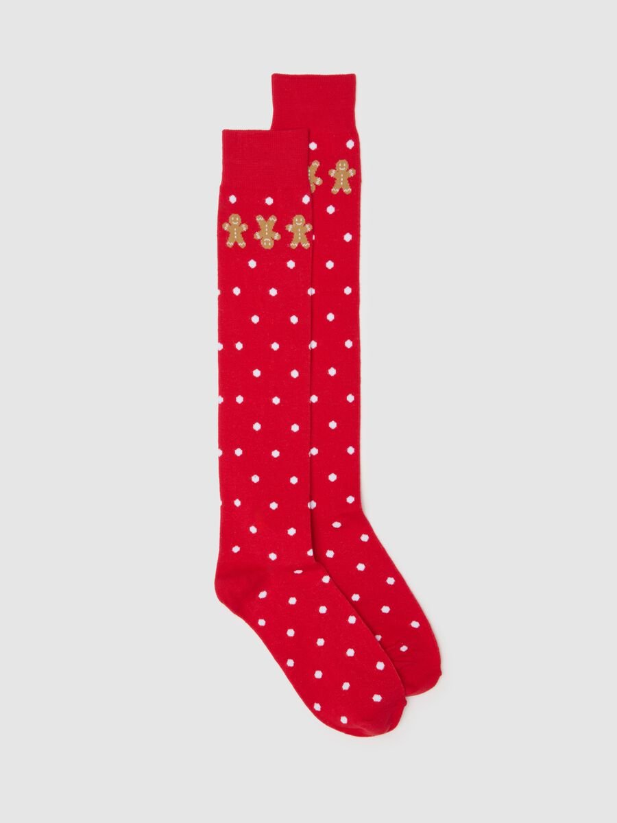 Red polka dot cotton blend Christmas long socks_0