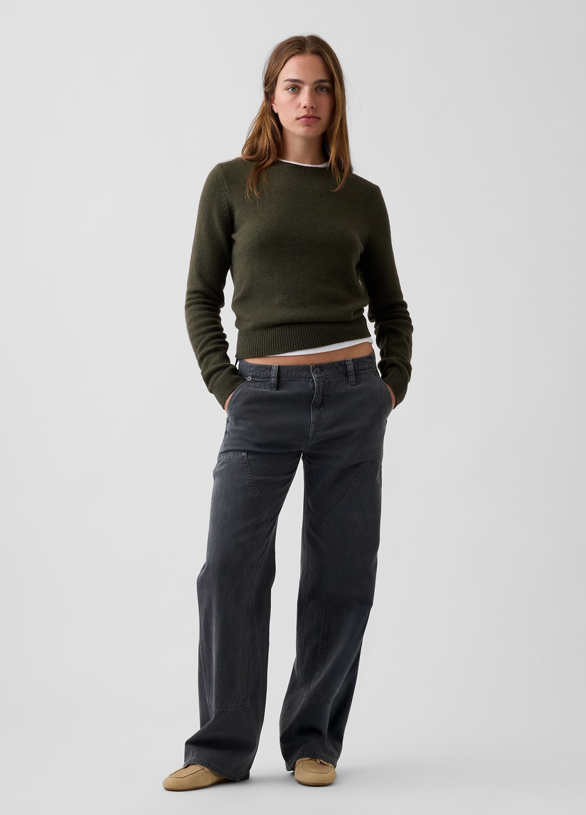 Dark green cotton-blend crew-neck jumper