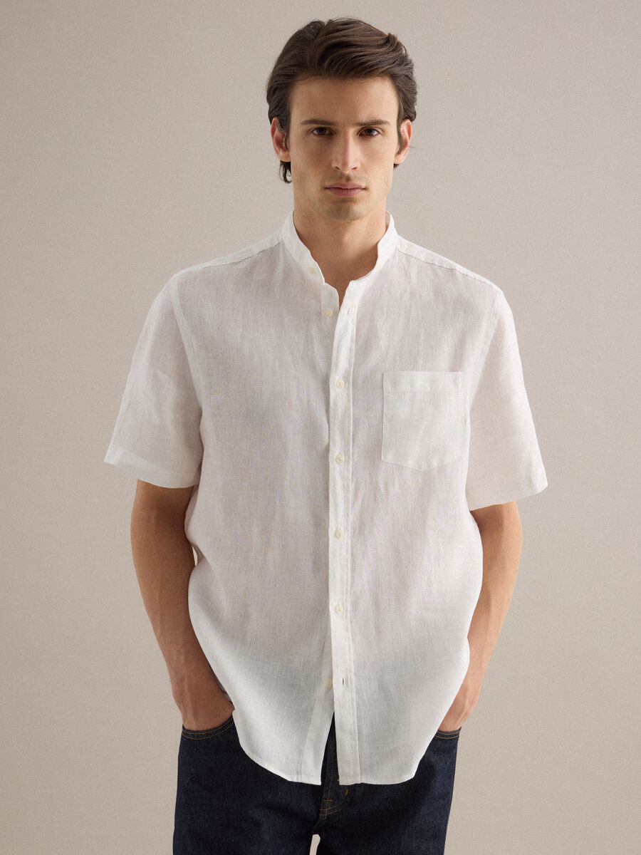 Camicia bianca con collo alla coreana in puro lino regular fit_1