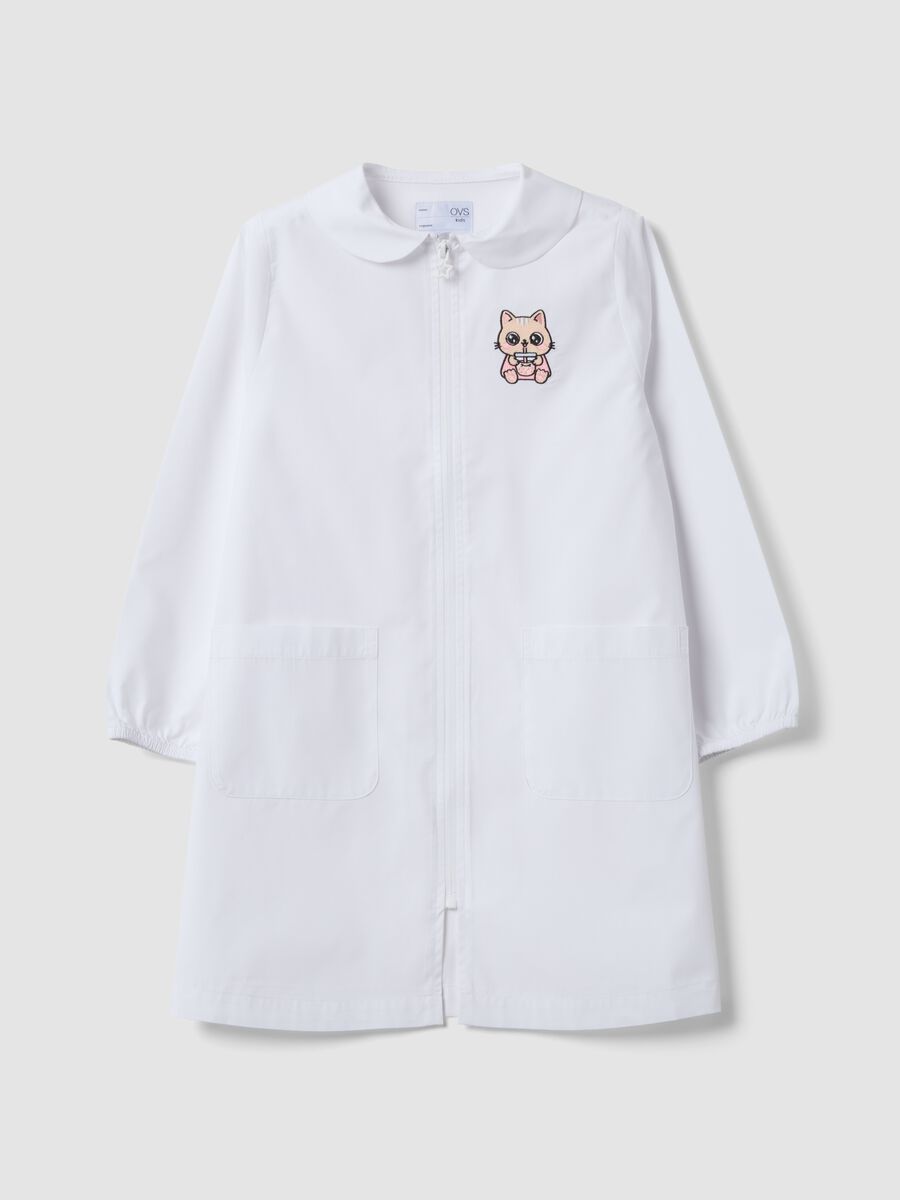 White girls&rsquo; school apron with zip and kitten embroidery_0