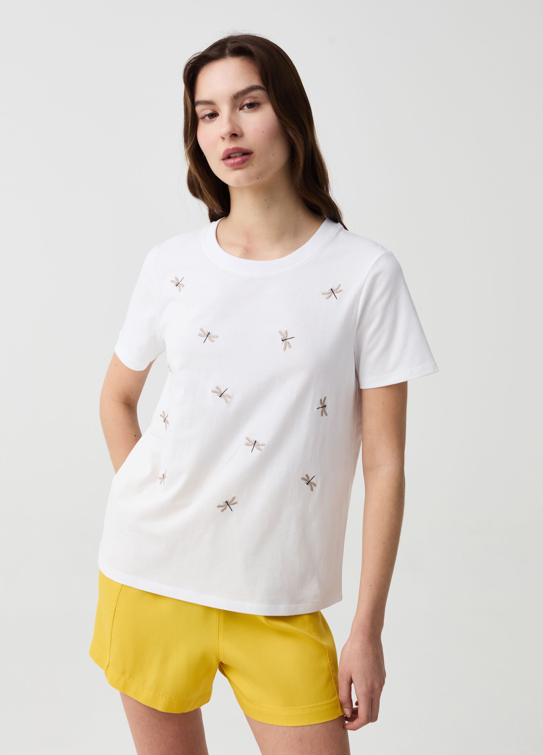 T-shirt con ricamo libellule in lurex