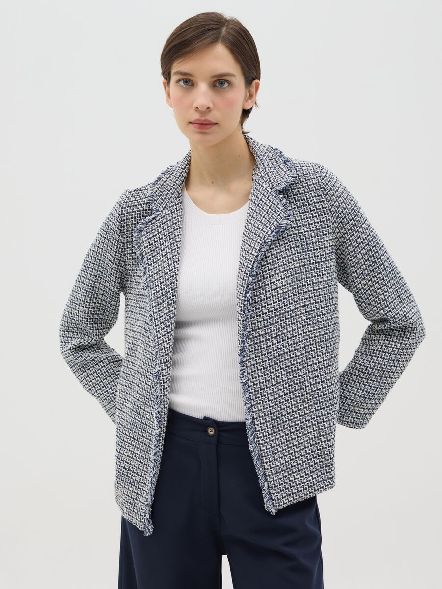 White and blue open blazer in fringed tweed_0