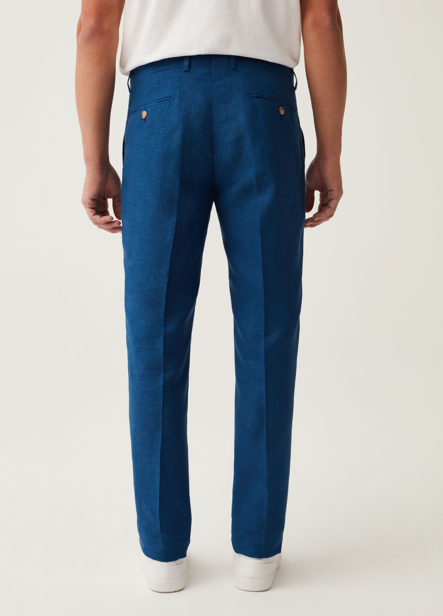 Pantalone slim fit in lino tinto filo bluette